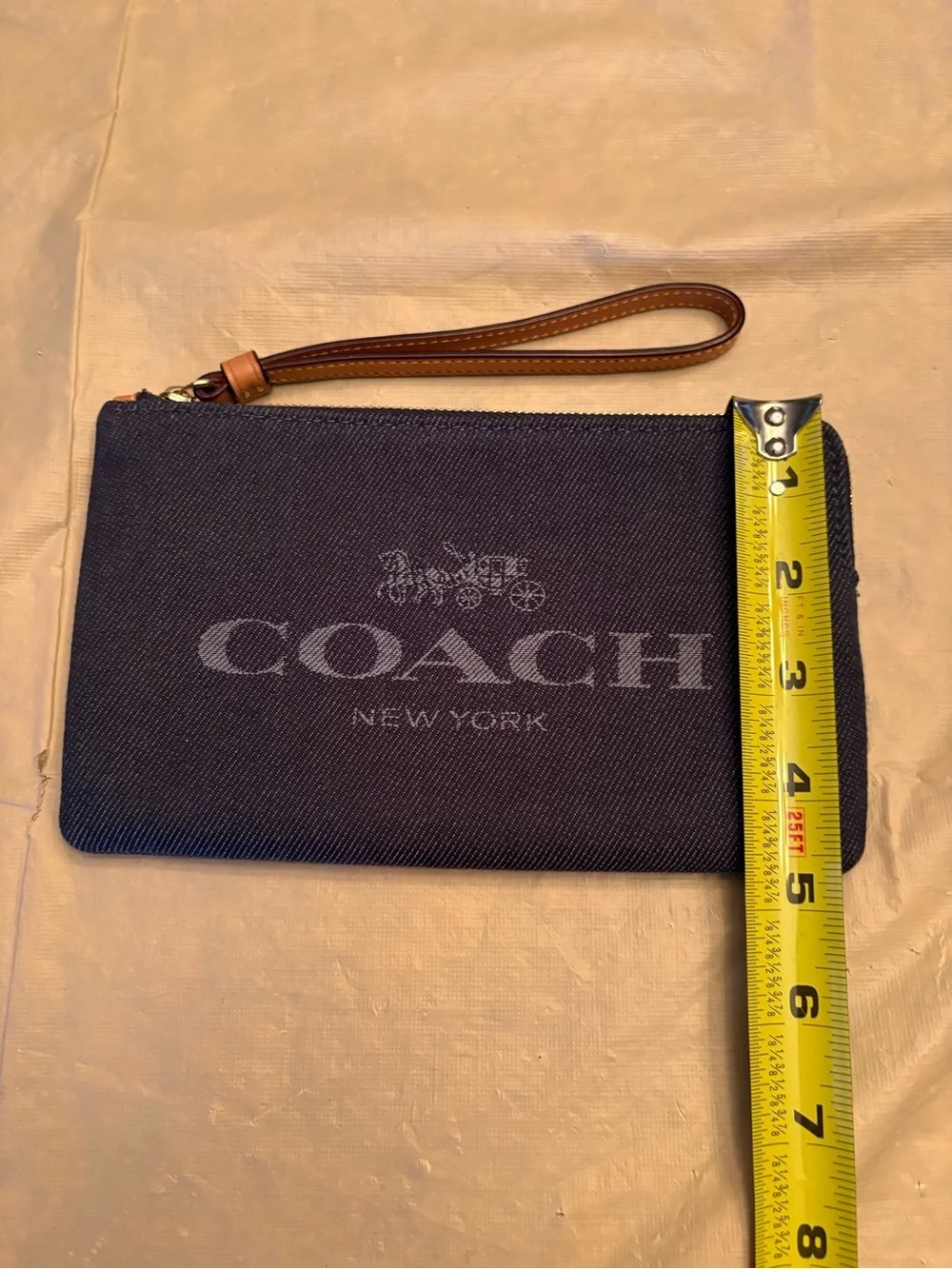 Coach Large Corner Zip Wristlet in Denim with Brown Leather Strap